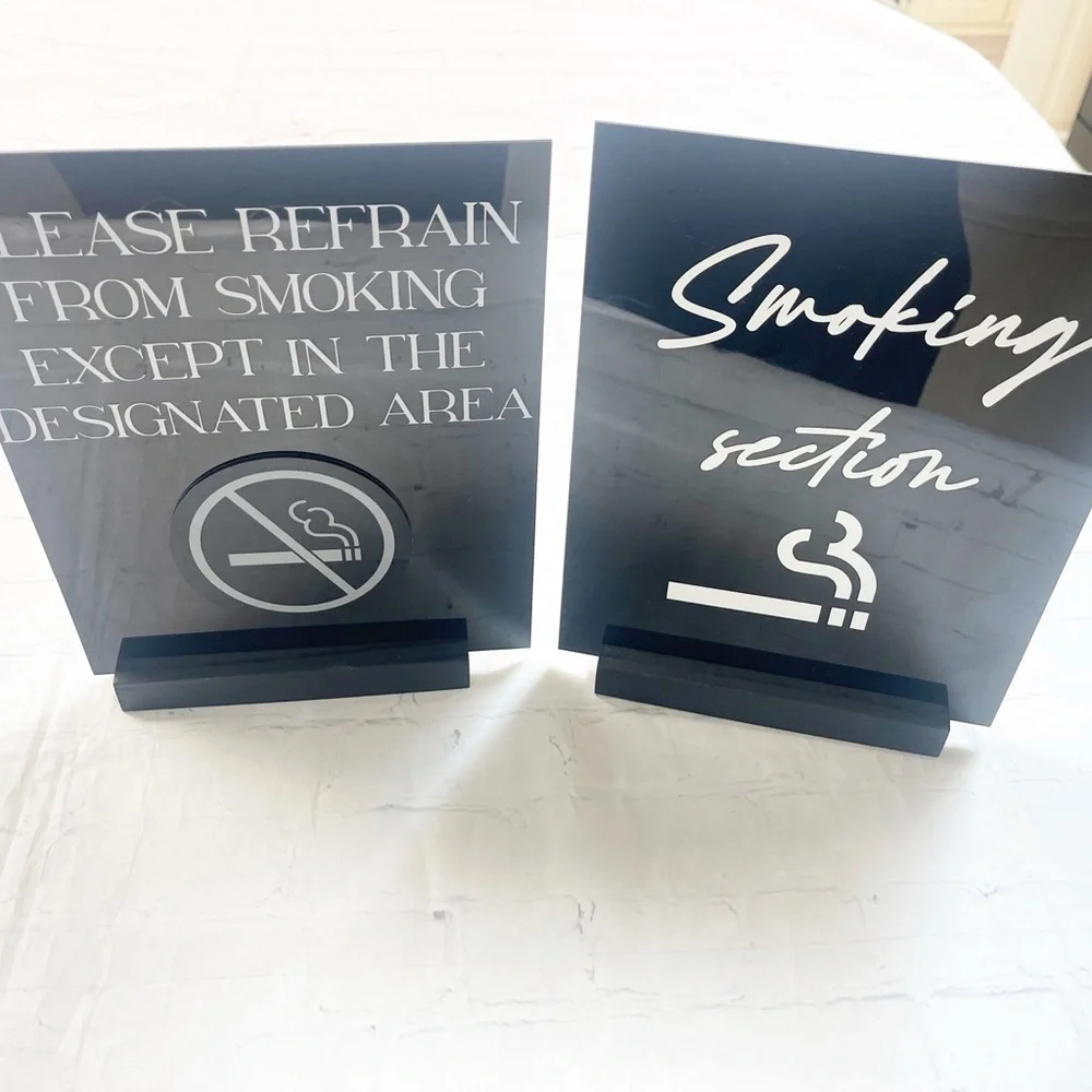 Smoking/no smoking black acrylic signs with wood stands 8x10